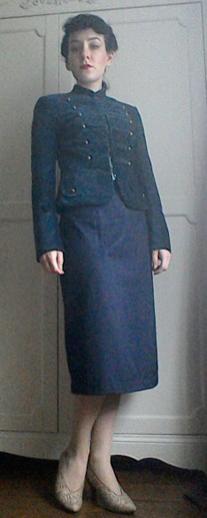 Navy Mandarin collar military style jacket pencil skirt Forties inspired look Bladerunner Rachael