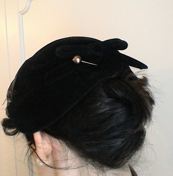 Bow at back of vintage fifties hat and hatpin