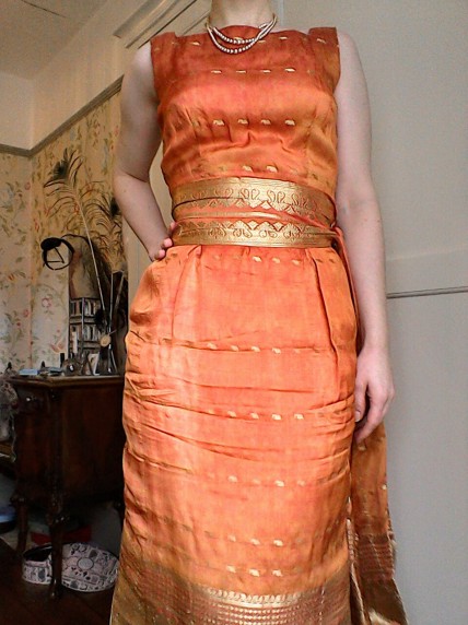 Orange gold sari dress with sash-2 - the girl loves Vintage
