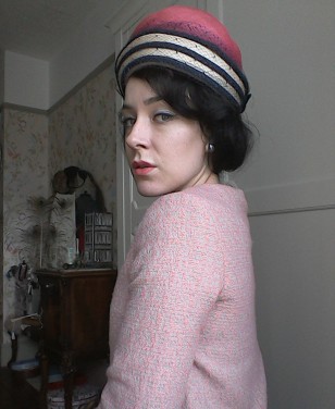Pink and navy Sixties hat - front