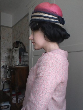 Pink and navy Sixties hat - side
